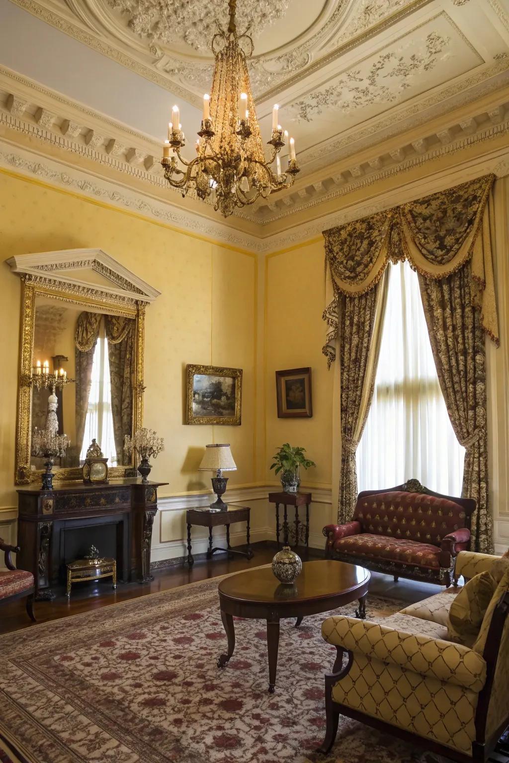 Victorian elements with yellow walls create an elegant and sophisticated living room.