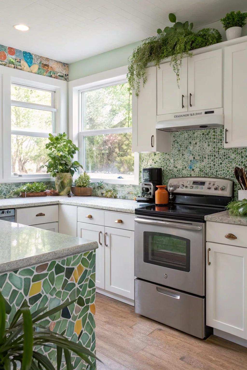 Recycled glass mosaics offer style with sustainability.