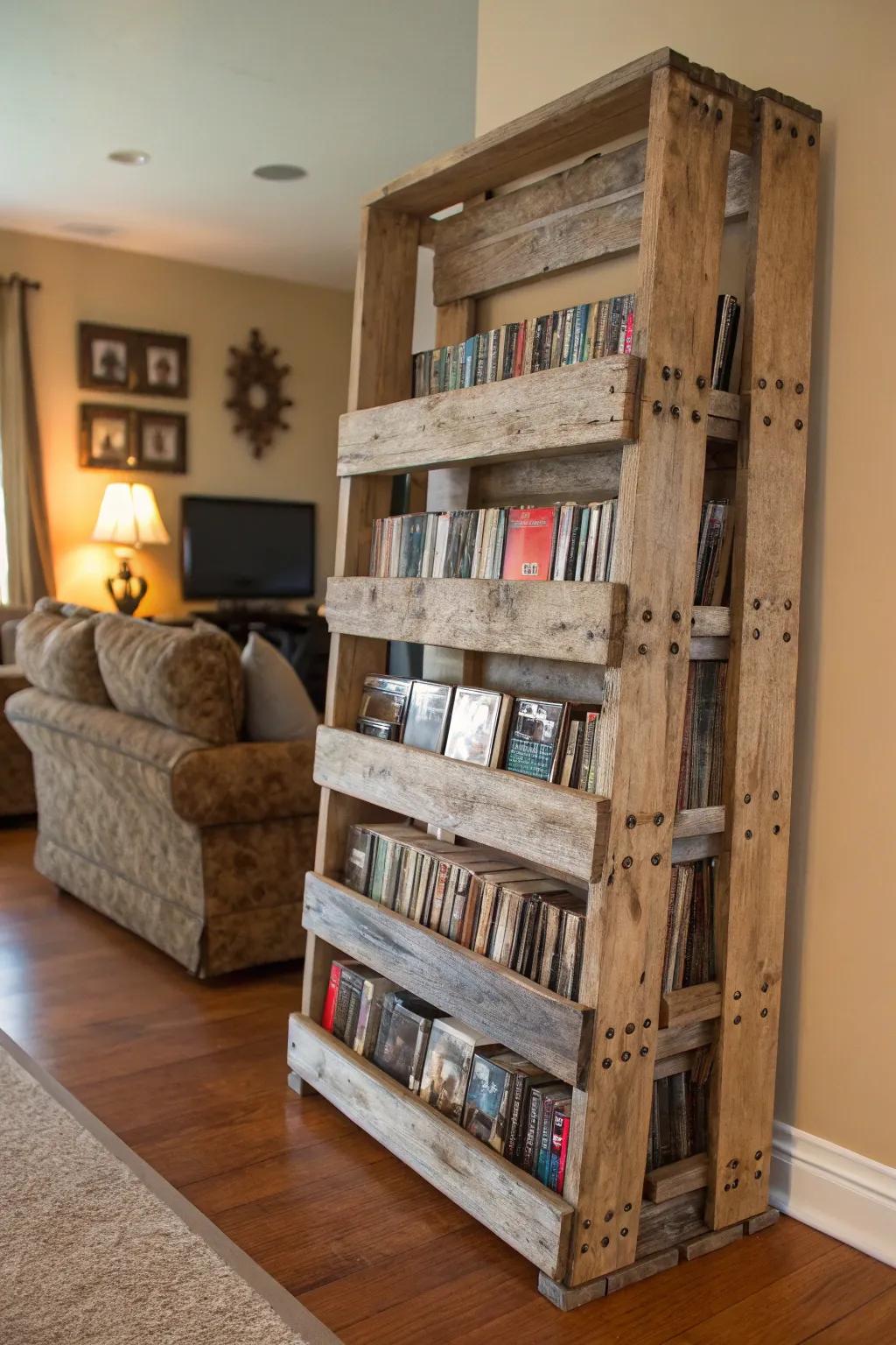 A rustic DIY pallet rack, creatively storing DVDs and adding character.