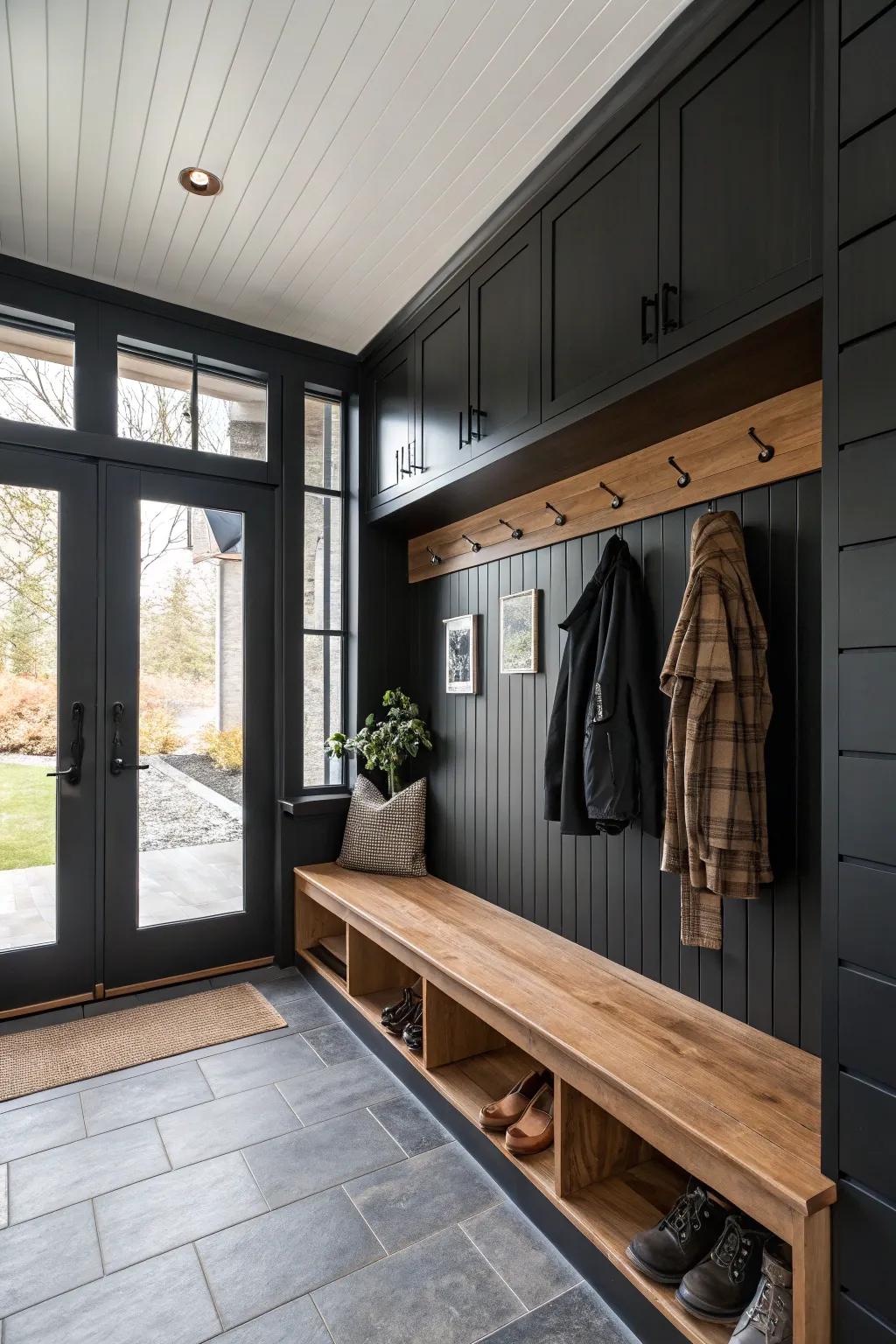 Modern benches with dark accents offer sleek contrast in mudrooms.