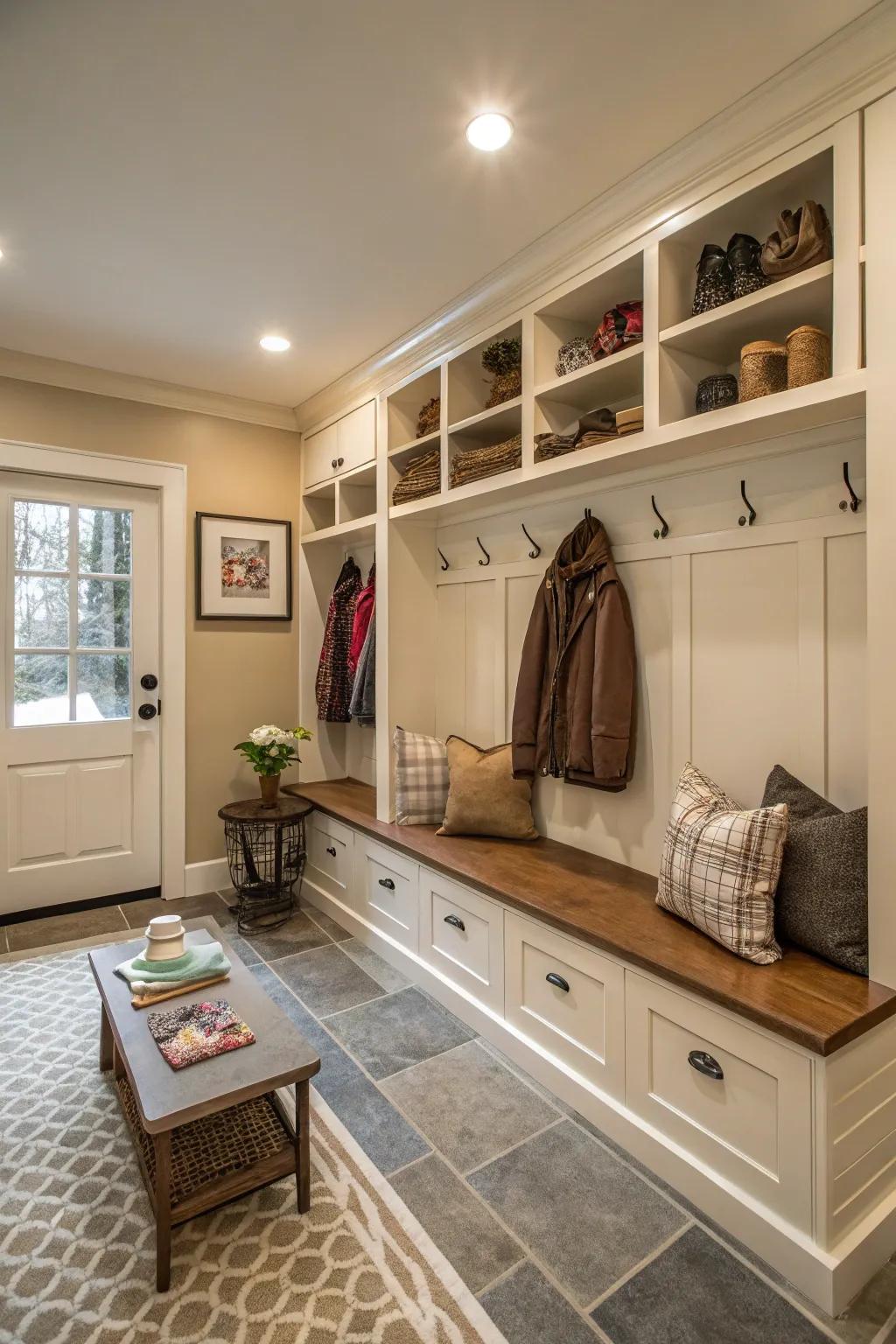 A seating area provides comfort and functionality to your mudroom.