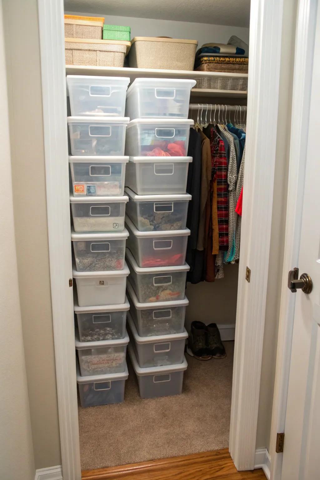 Clear storage boxes keep items visible and organized.