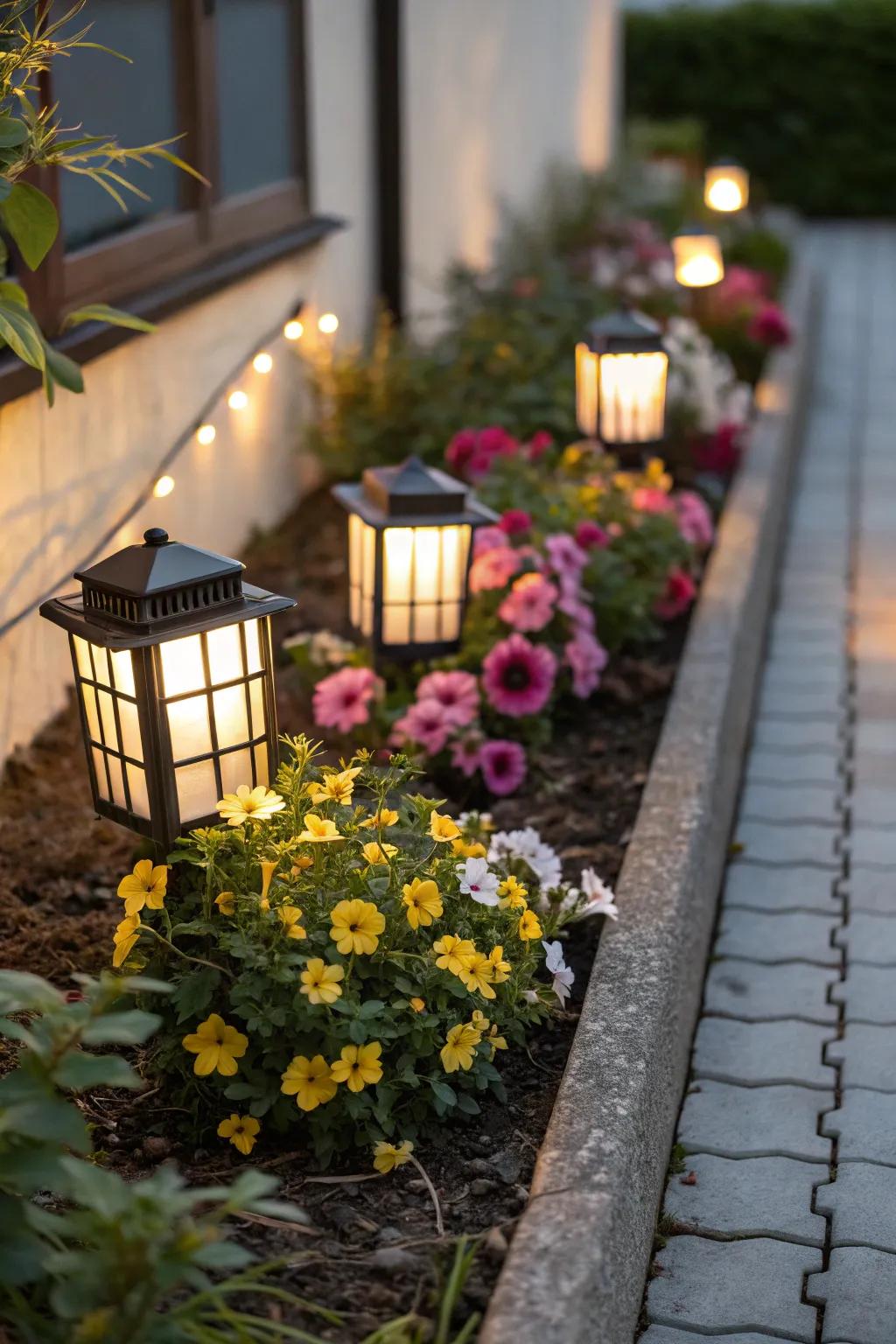 Garden lighting adds ambiance to narrow flower beds, creating a magical evening retreat.