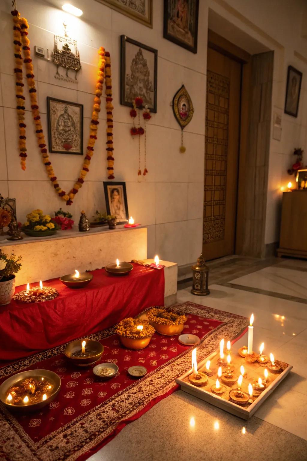 A Pooja room beautifully illuminated with candles and tea lights for Navratri.