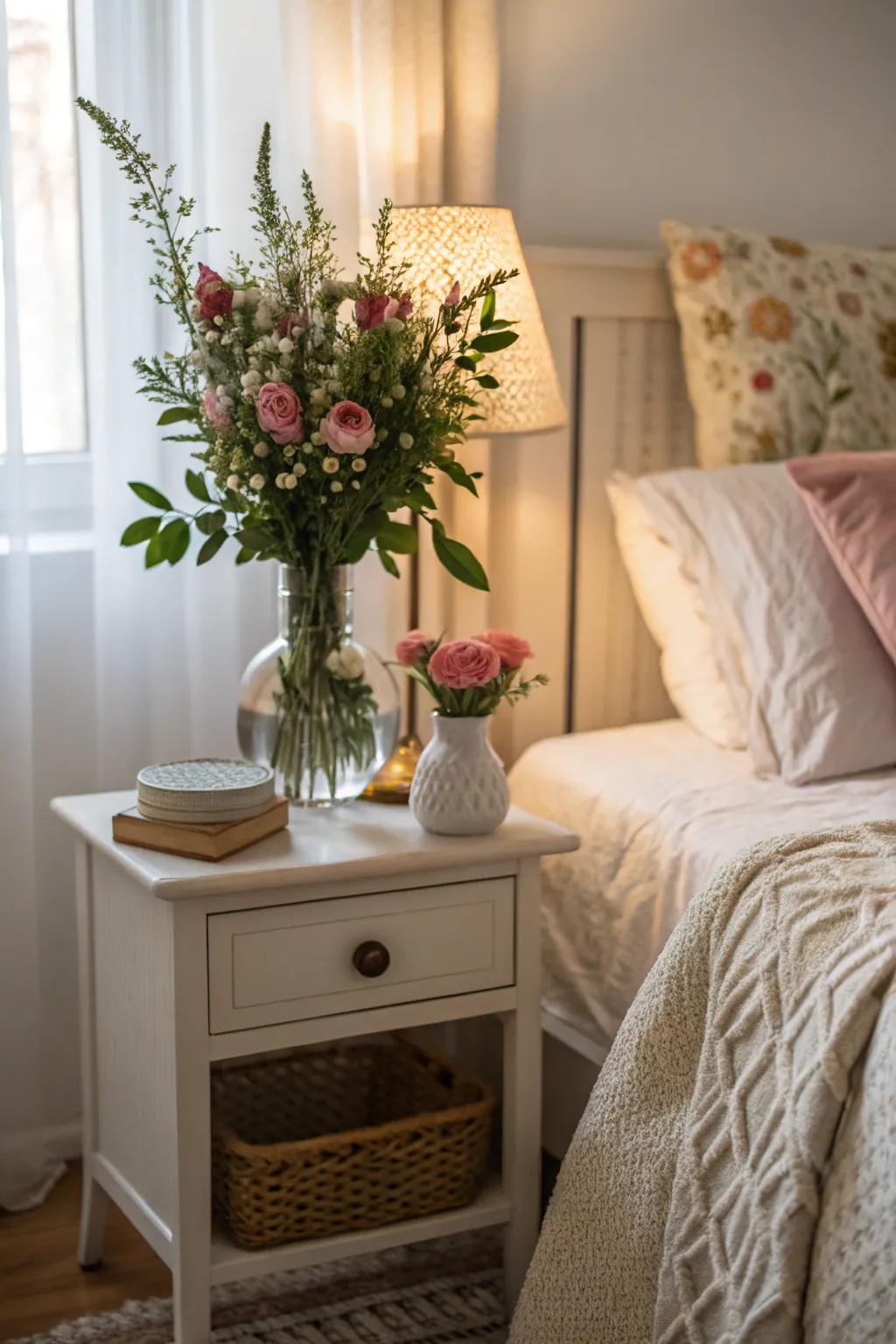 A nightstand adorned with a small plant, adding a touch of nature to the bedroom.