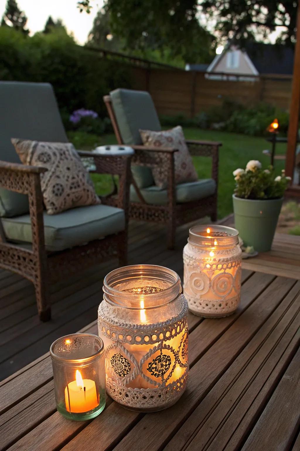 Upcycled jar lanterns adding ambiance to any setting.