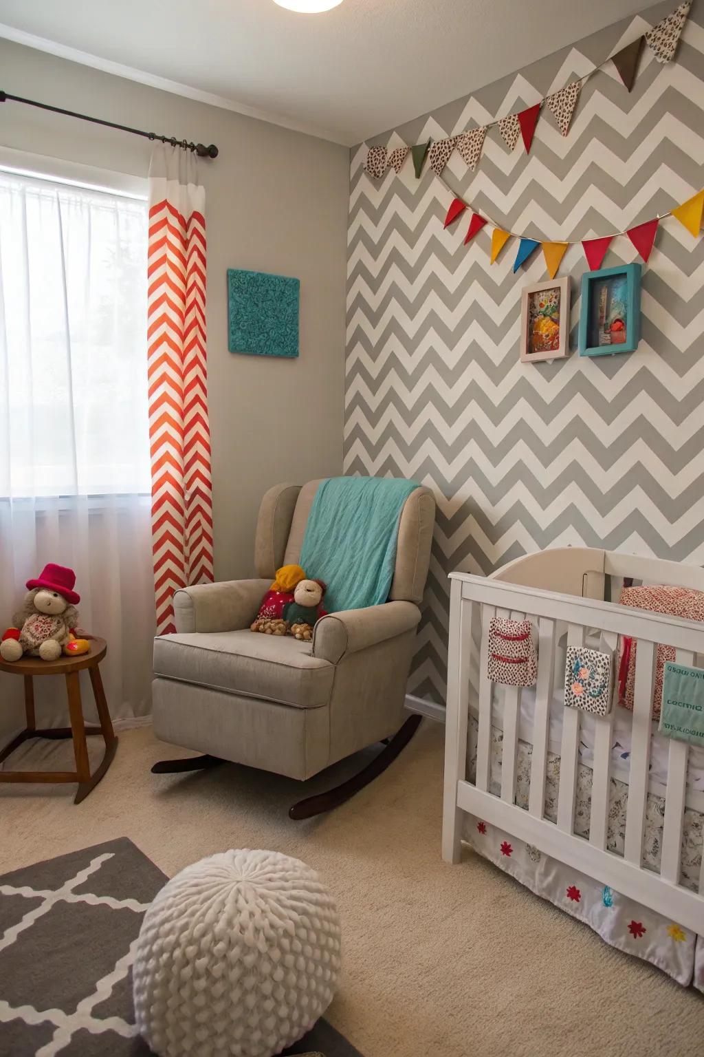 A dynamic nursery with a chevron pattern accent wall offering timeless style.