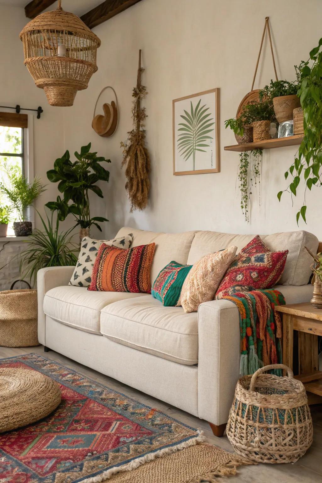 Bohemian elements add a free-spirited vibe to an oatmeal sofa.