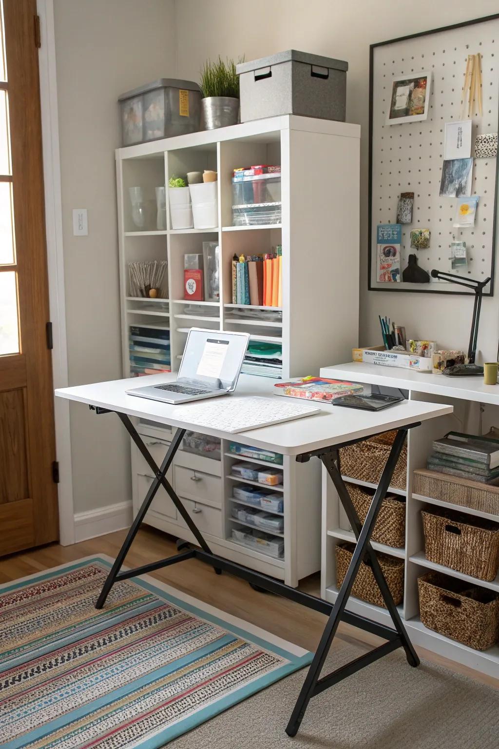 A folding table provides temporary workspace when needed.