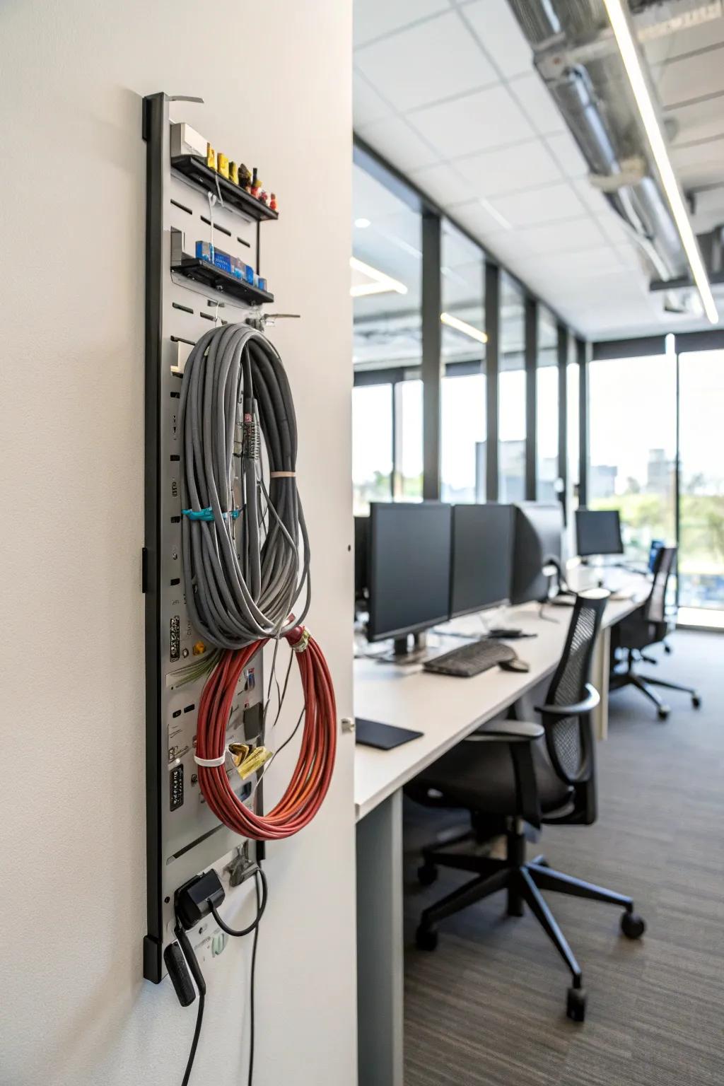 Cable management organizers keep tech spaces clutter-free.