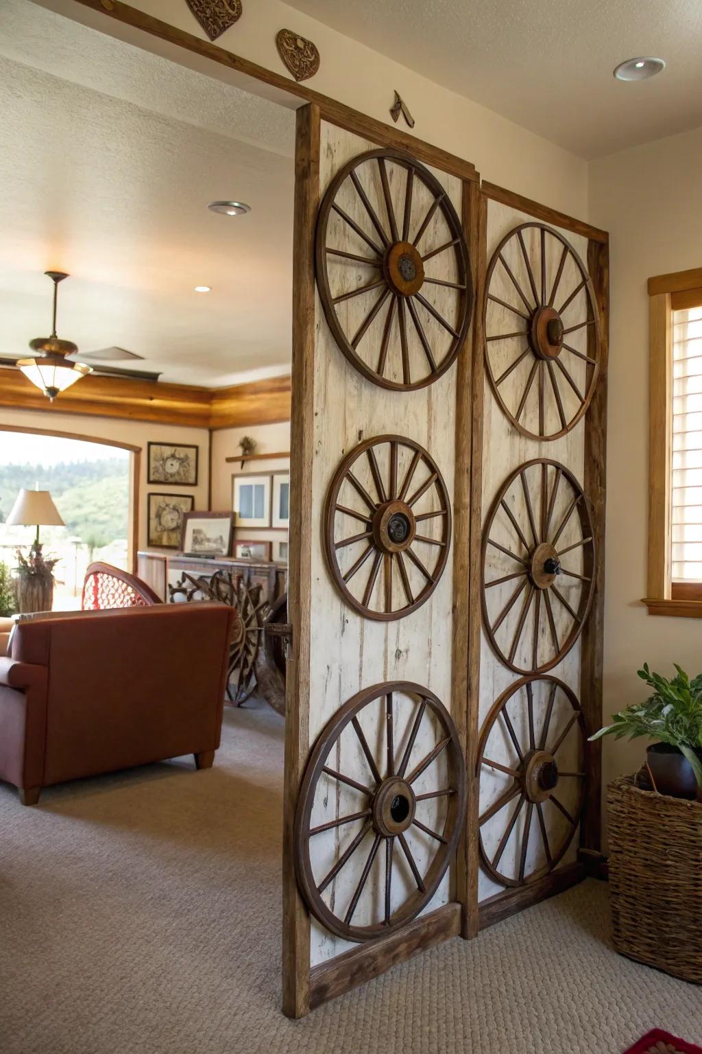 Wagon wheels create a stylish and functional room divider.