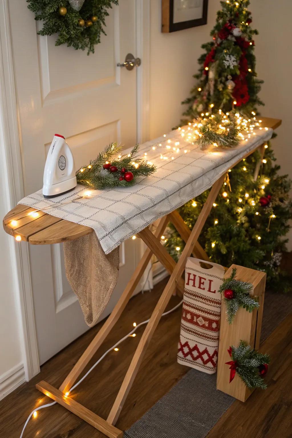 Add seasonal charm to your home with a festive ironing board display.