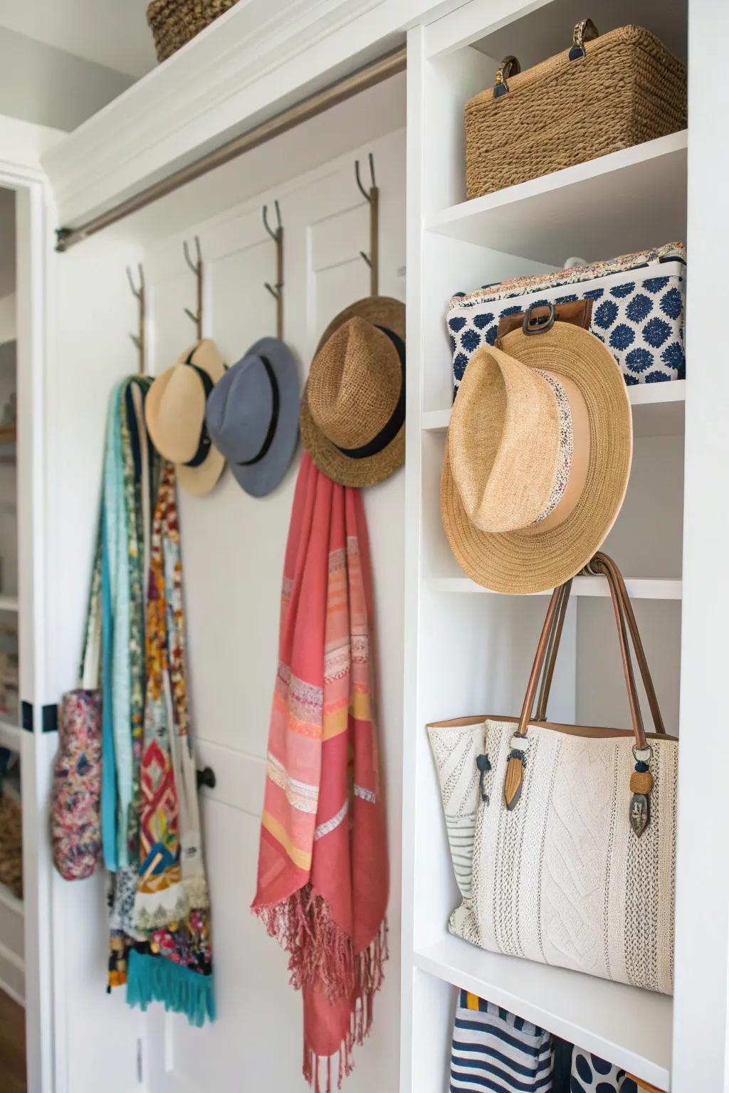 Decorative hooks adding functionality and style to an open closet.