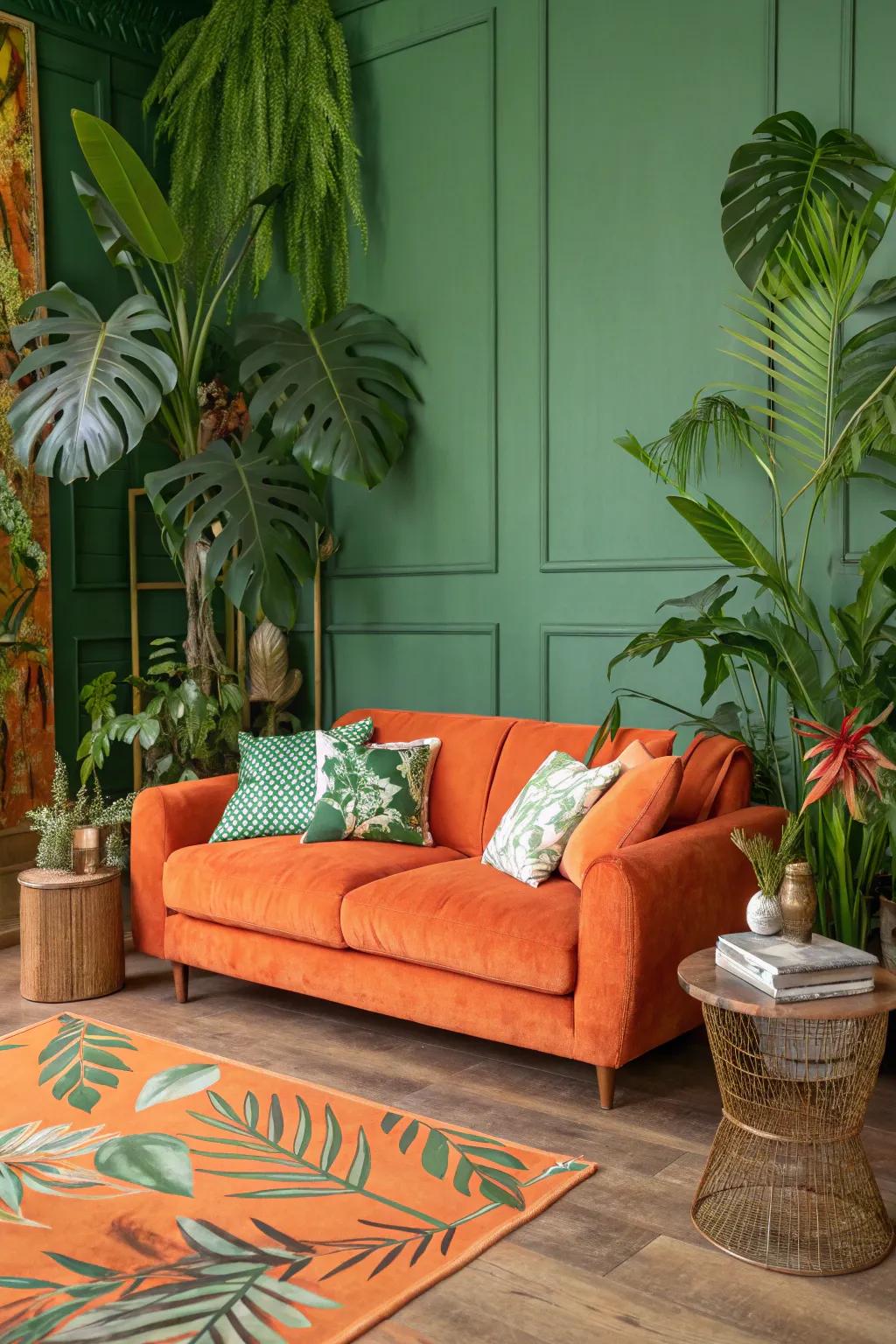 A vibrant tropical living room where an orange couch pairs with lush greens.