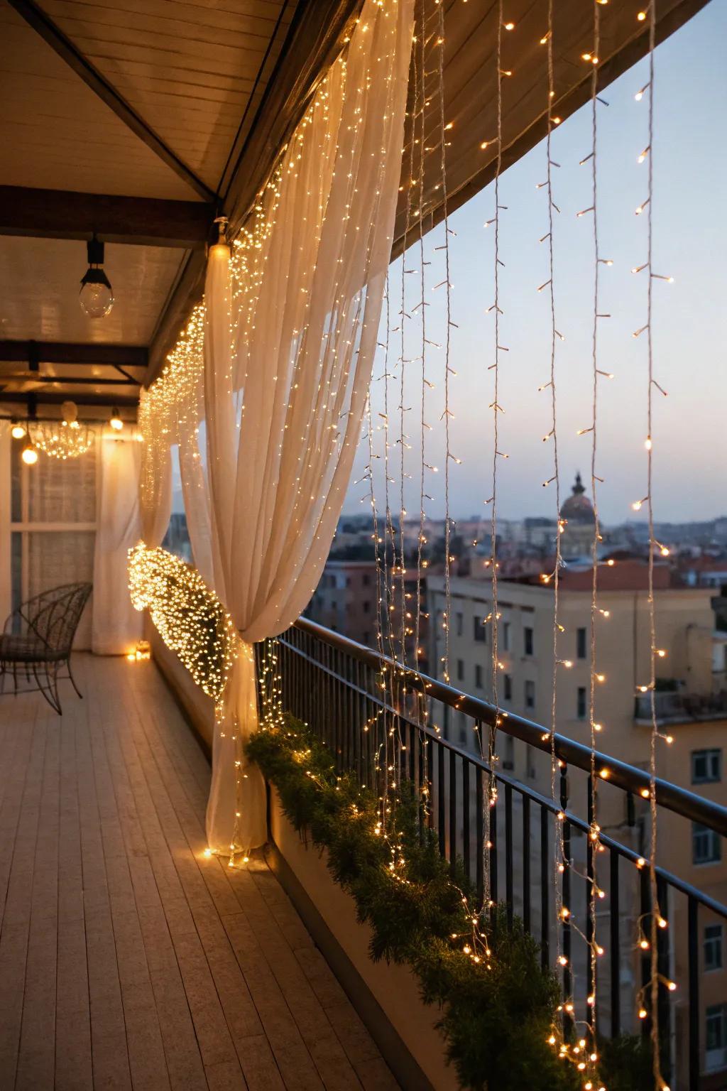 Draped lights on the balcony add height and elegance to the home's holiday decor.