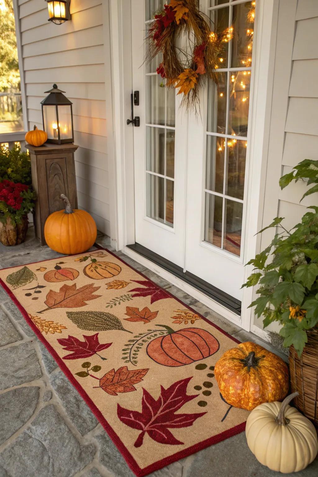 A festive rug sets the scene for a seasonal welcome.