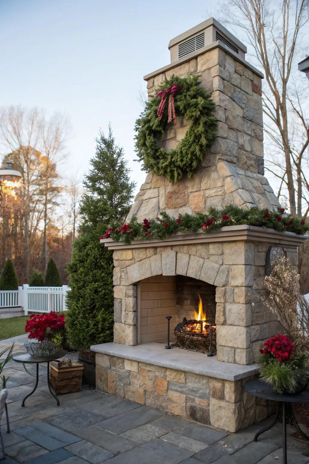 A festive seasonal wreath adding color to the fireplace.