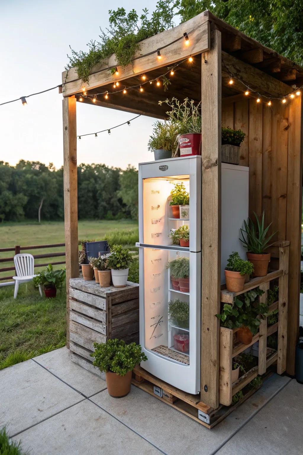 DIY pallet wood adds a rustic charm to any outdoor fridge setup.