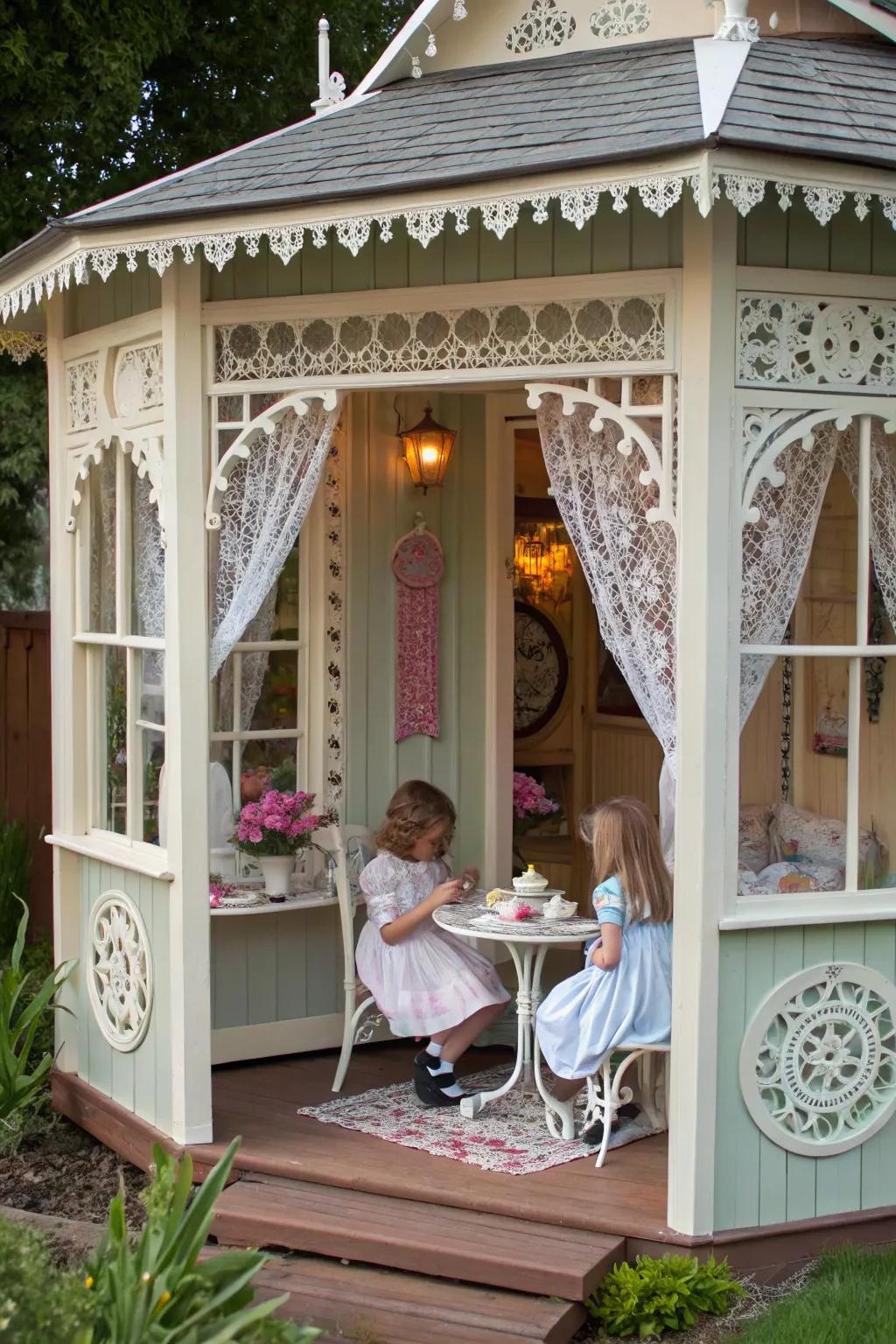 A Victorian tea house playhouse for elegant and imaginative play.