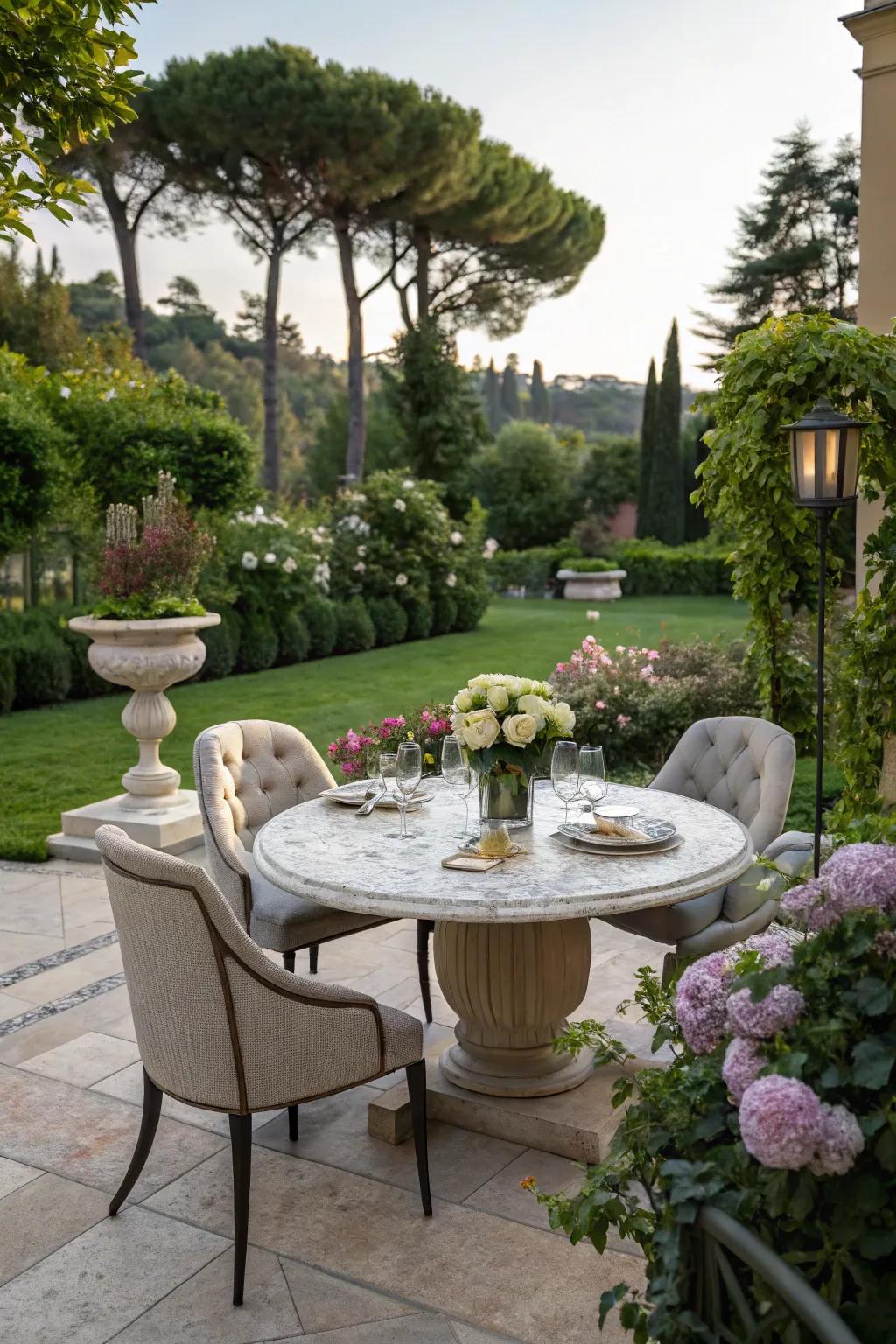 A classic marble tabletop that adds a touch of luxury to any outdoor setting.