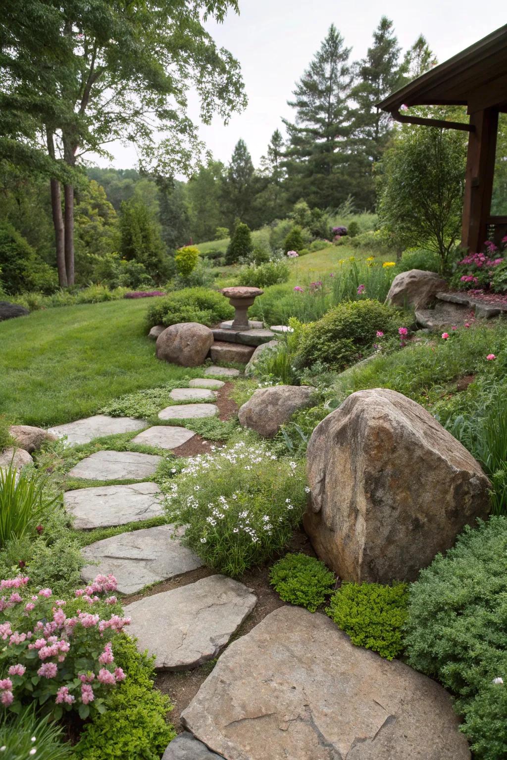 Stone accents add texture and permanence to the garden.