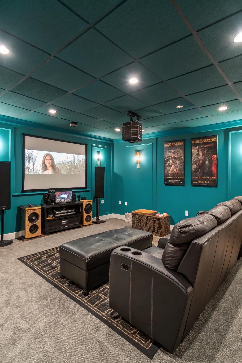 Teal walls make a bold and vibrant statement in this home theater.