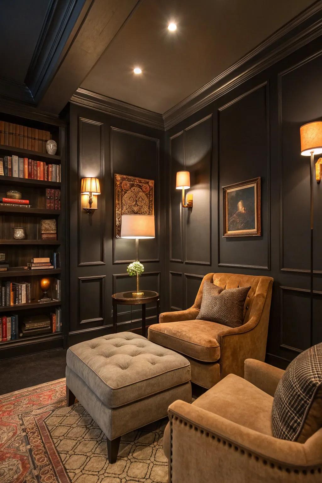 Dark walls create a cozy and intimate atmosphere in this study.