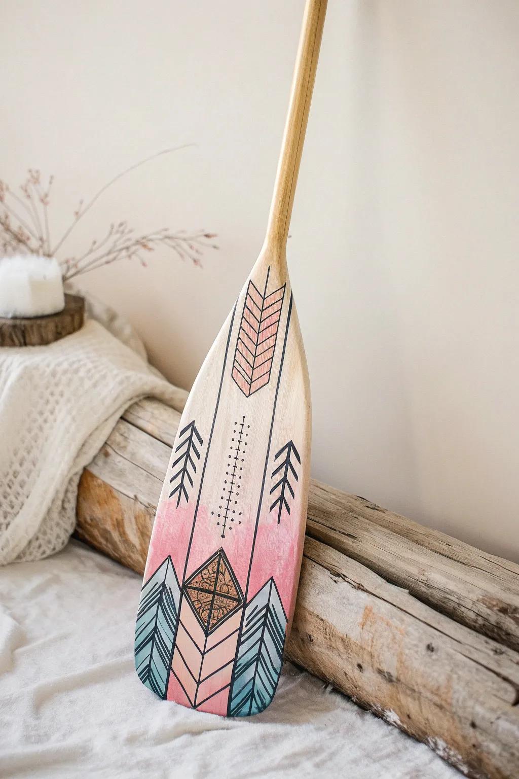 Discover the art of fusion with this beautifully painted canoe paddle, where watercolor meets graphic lines in a minimalist masterpiece.