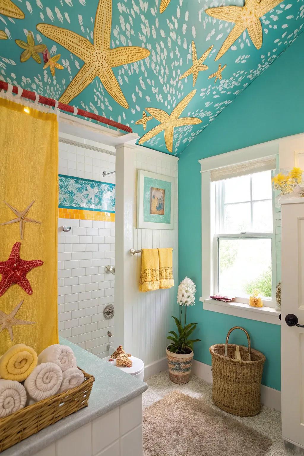 A turquoise ceiling can evoke a fresh, coastal atmosphere in your bathroom.