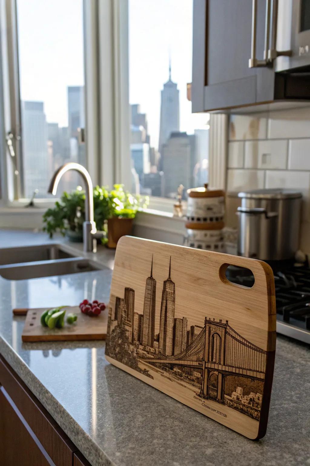 A cutting board featuring a vibrant cityscape, perfect for urban dwellers.