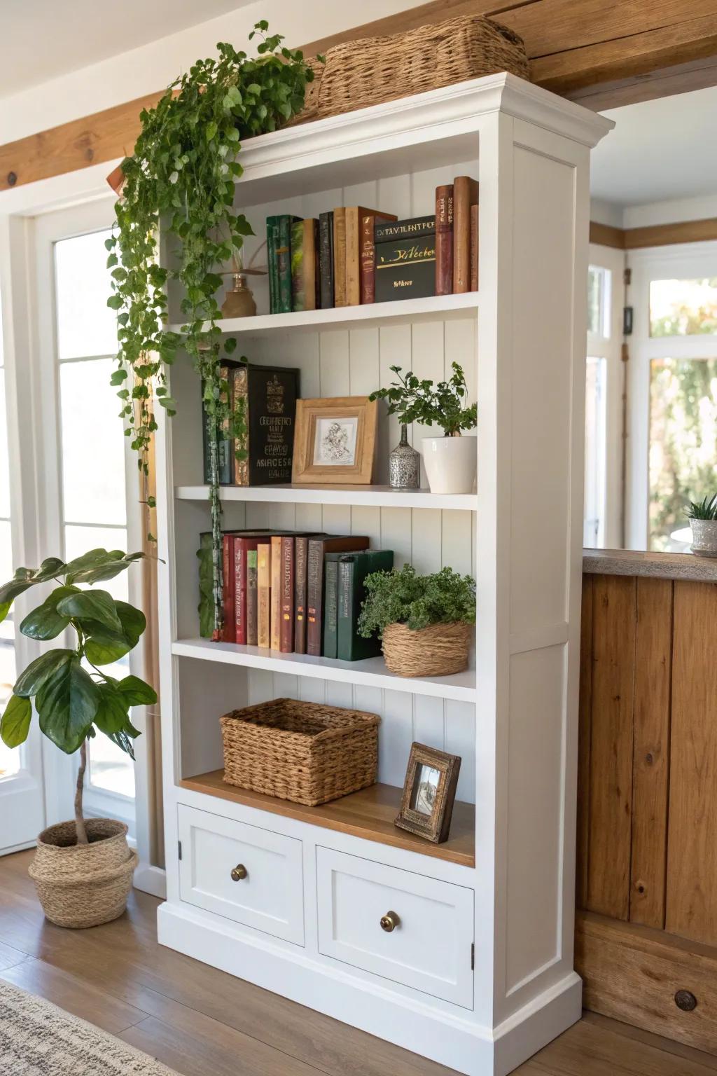 A bookshelf blending paint with natural wood.