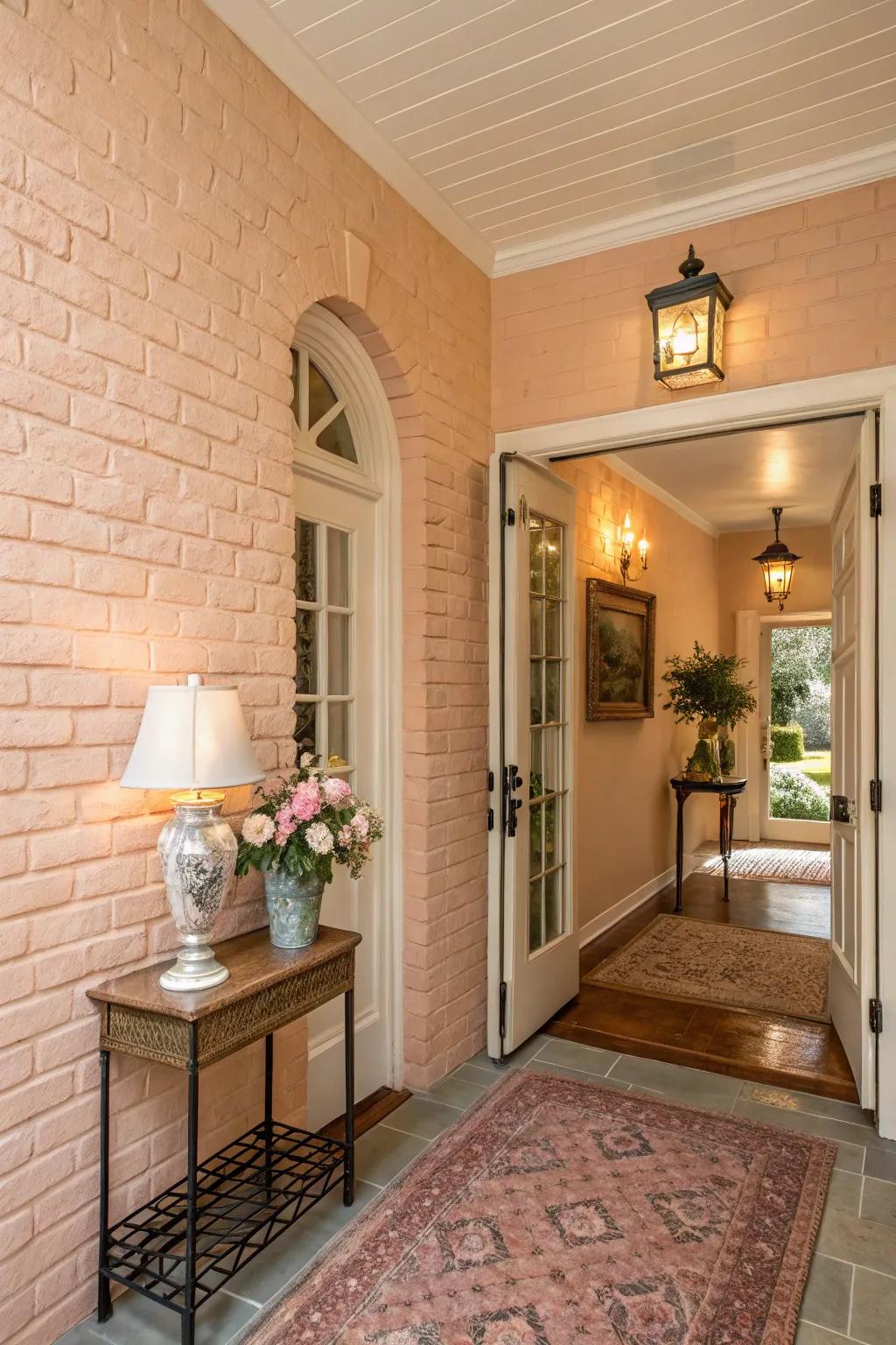 Soft peach painted brick walls adding a welcoming touch to the entryway.