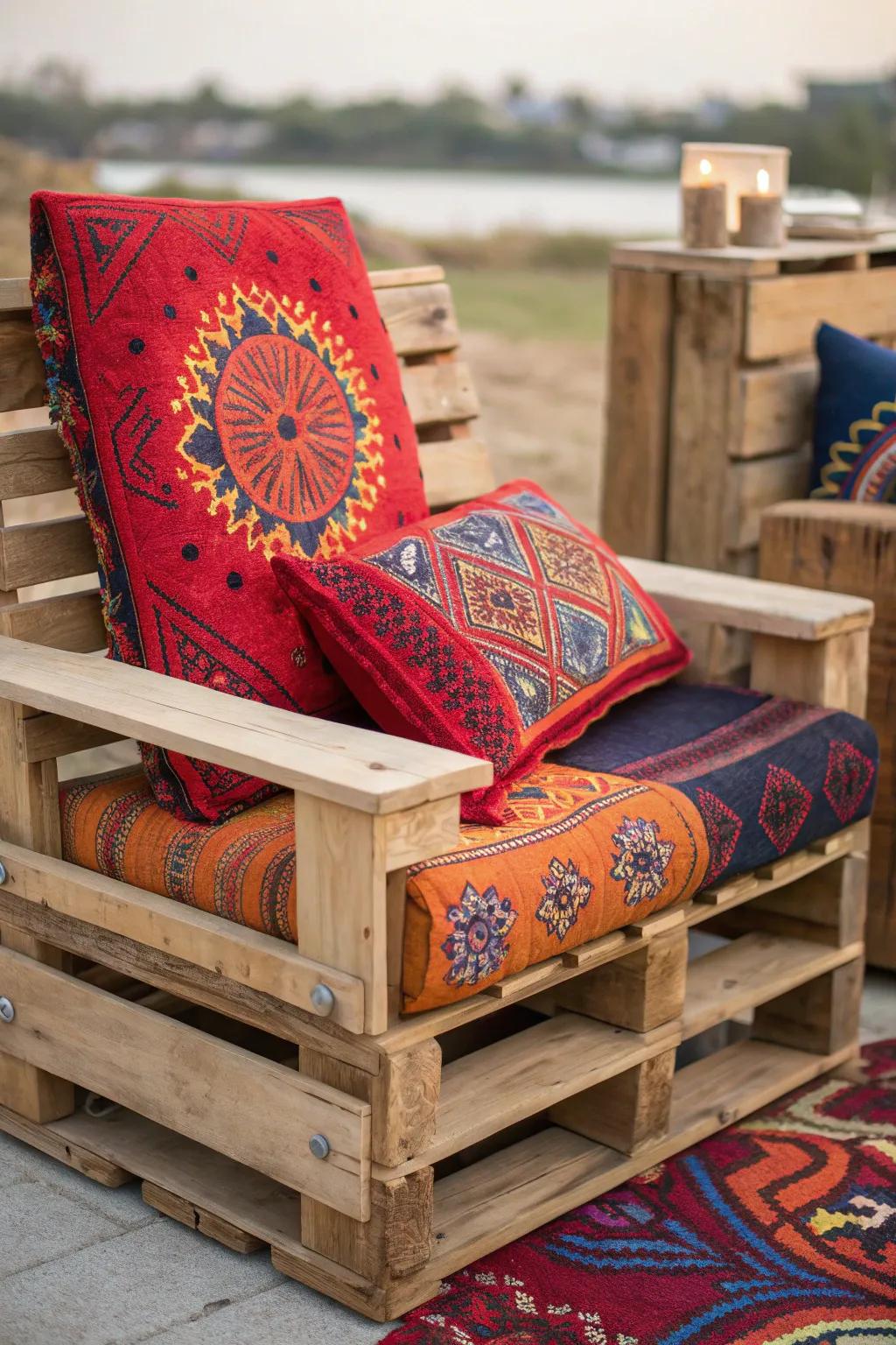 Elevate your space with the vibrant charm of a boho chic pallet chair, where craftsmanship meets eclectic artistry.