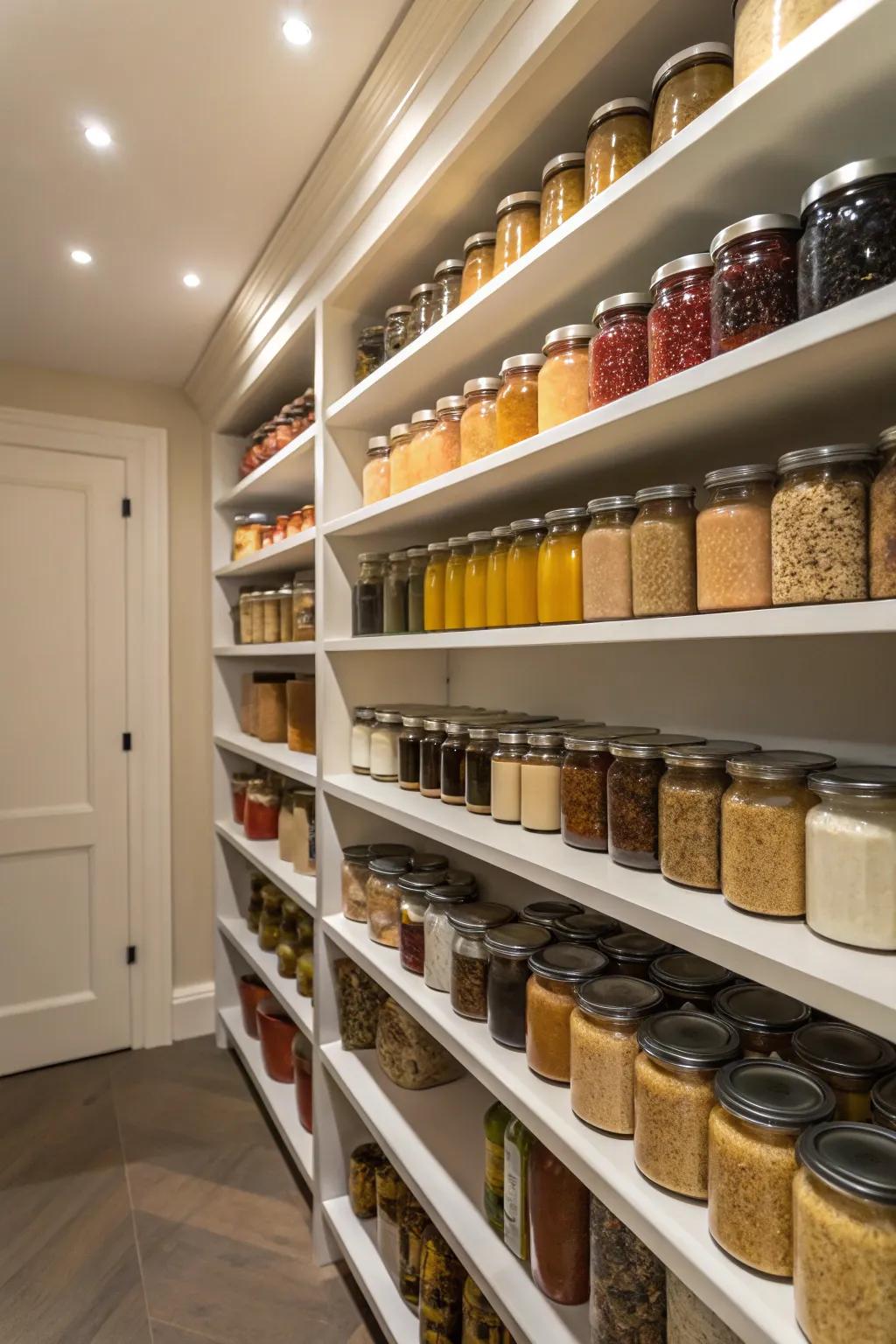 Multi-level shelves enhance visibility and access in the pantry.