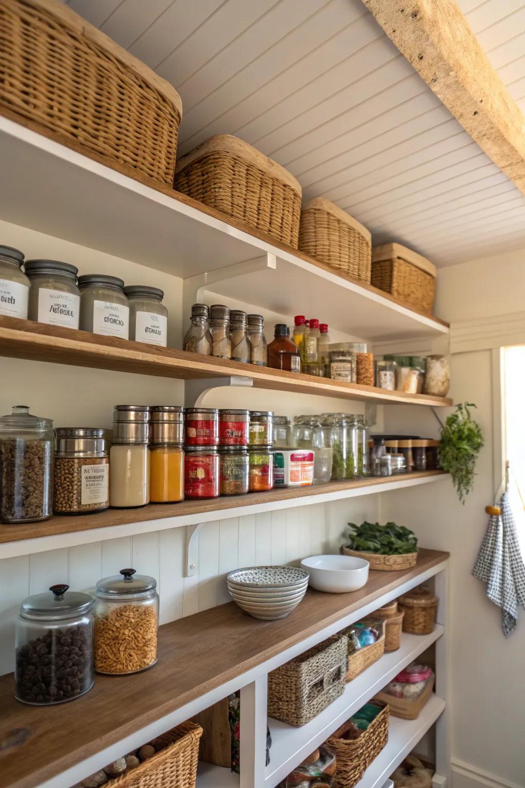 Ceiling-mounted shelves offer a modern and space-saving storage solution.