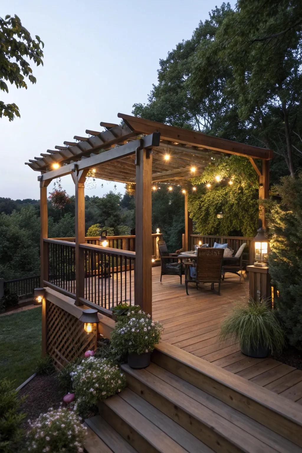 An enchanting deck with a pergola, complete with built-in lighting for evening enjoyment.