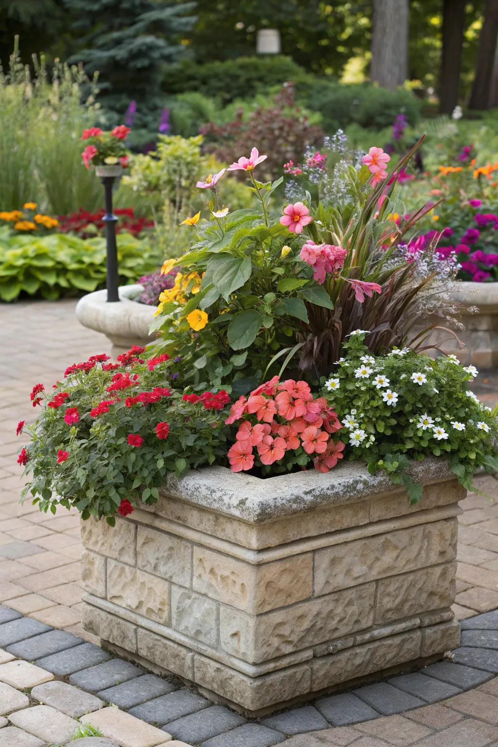 Rotating seasonal blooms in paver planters keeps your garden lively.