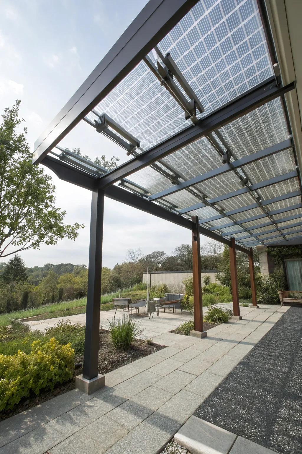 Transparent solar panels merge shelter with sustainability.