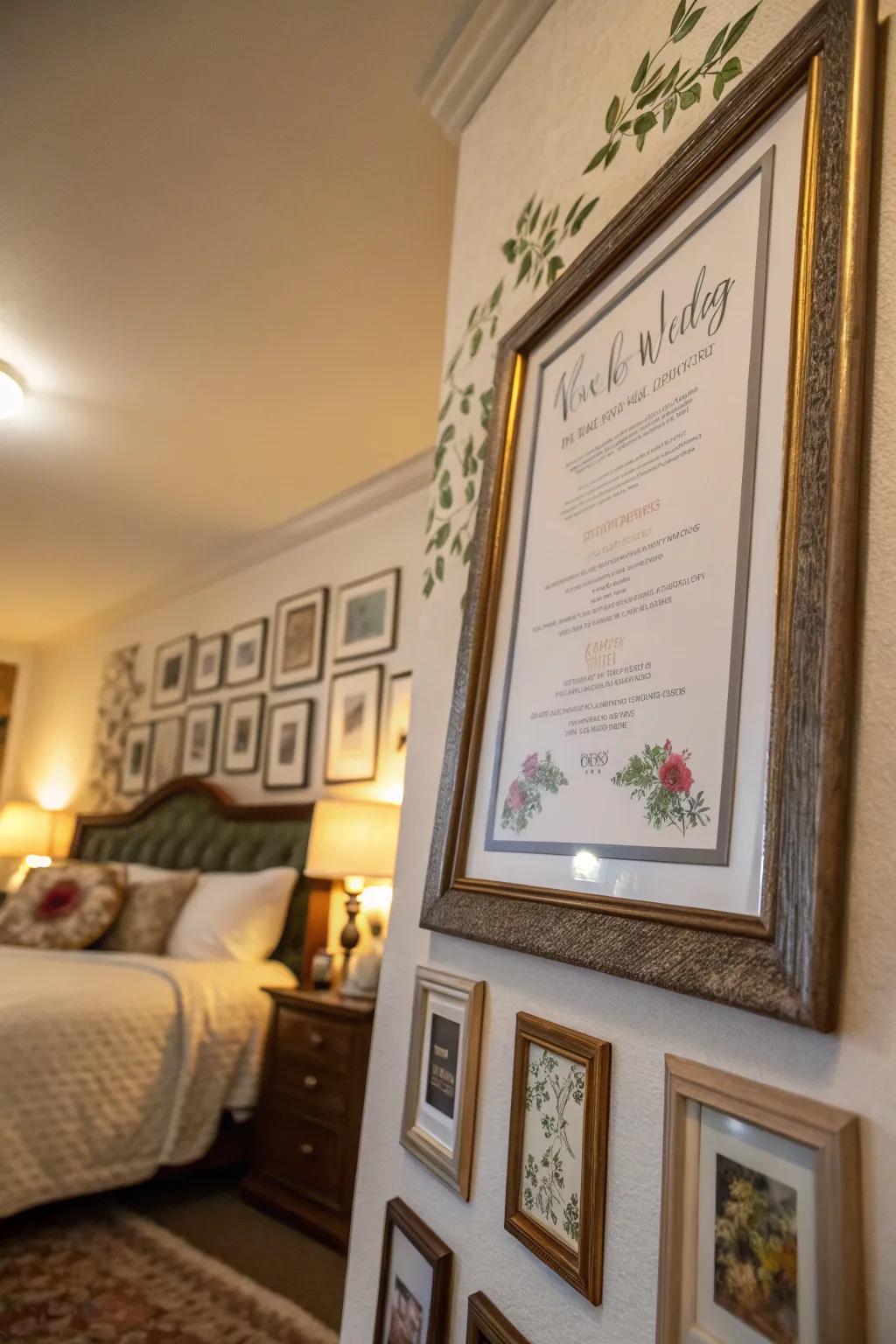 A bedroom showcasing a framed wedding invitation for a romantic touch.