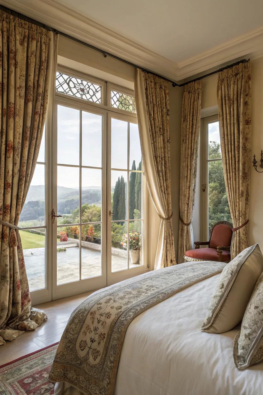 Bedroom featuring picture windows adorned with soft textile accents.