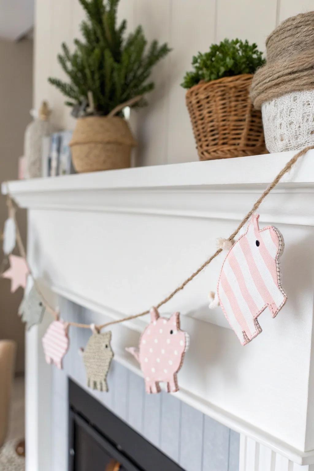 Add a whimsical touch to your space with a charming pig fabric garland, perfect for those who love minimalist and boho styles.