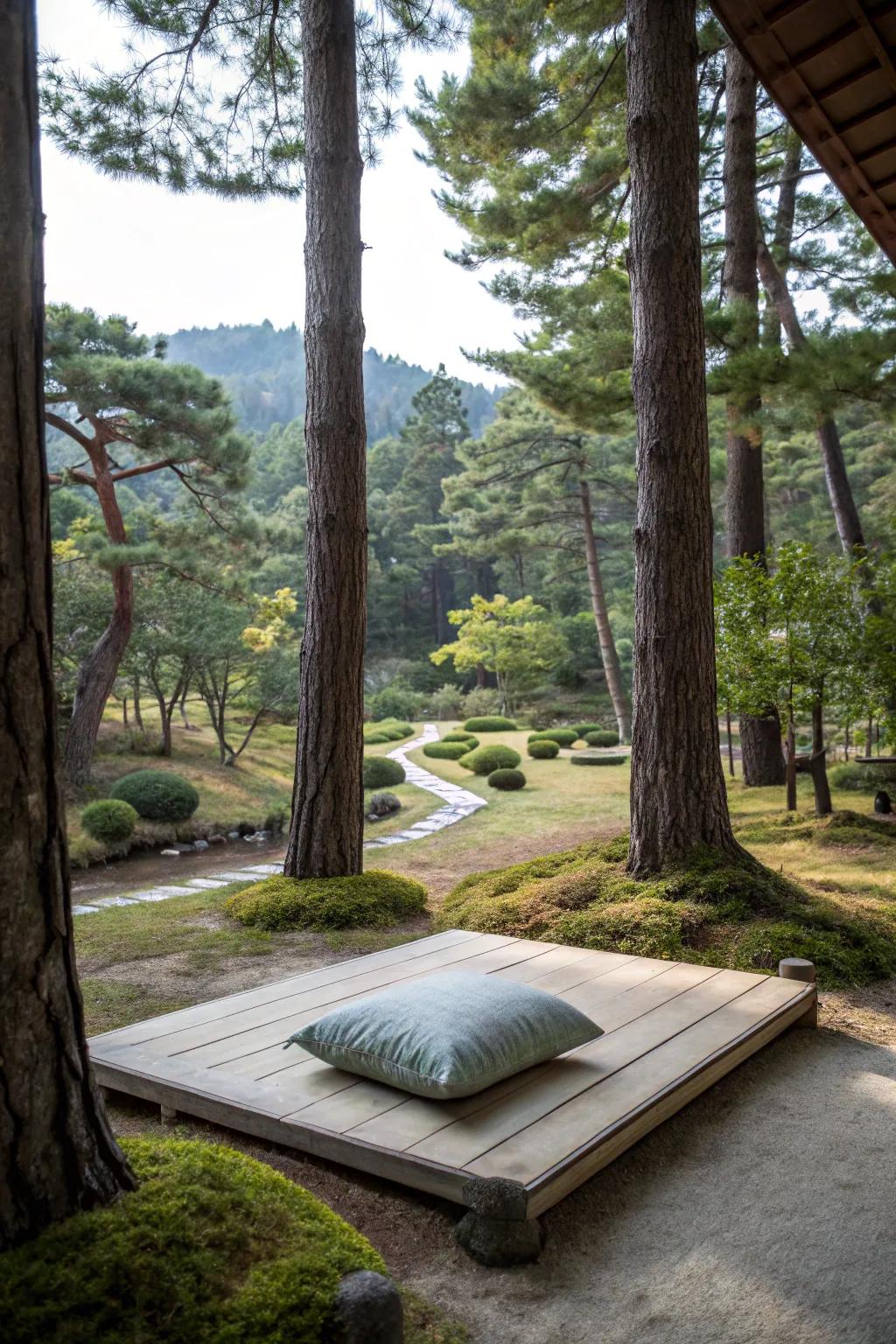 A meditation spot offers peace and tranquility in the garden.