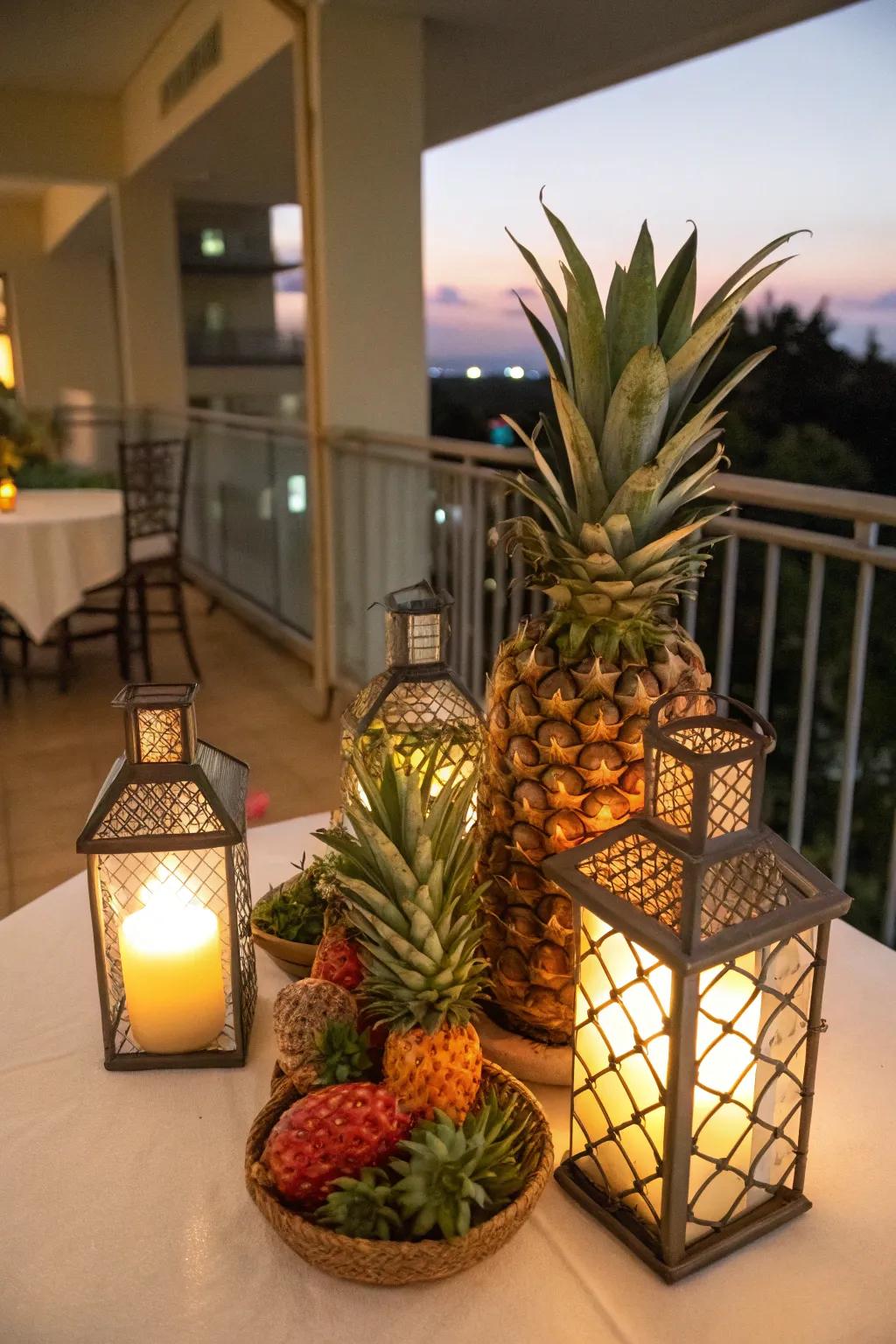 A pineapple and lantern combo creates a cozy and inviting evening atmosphere.