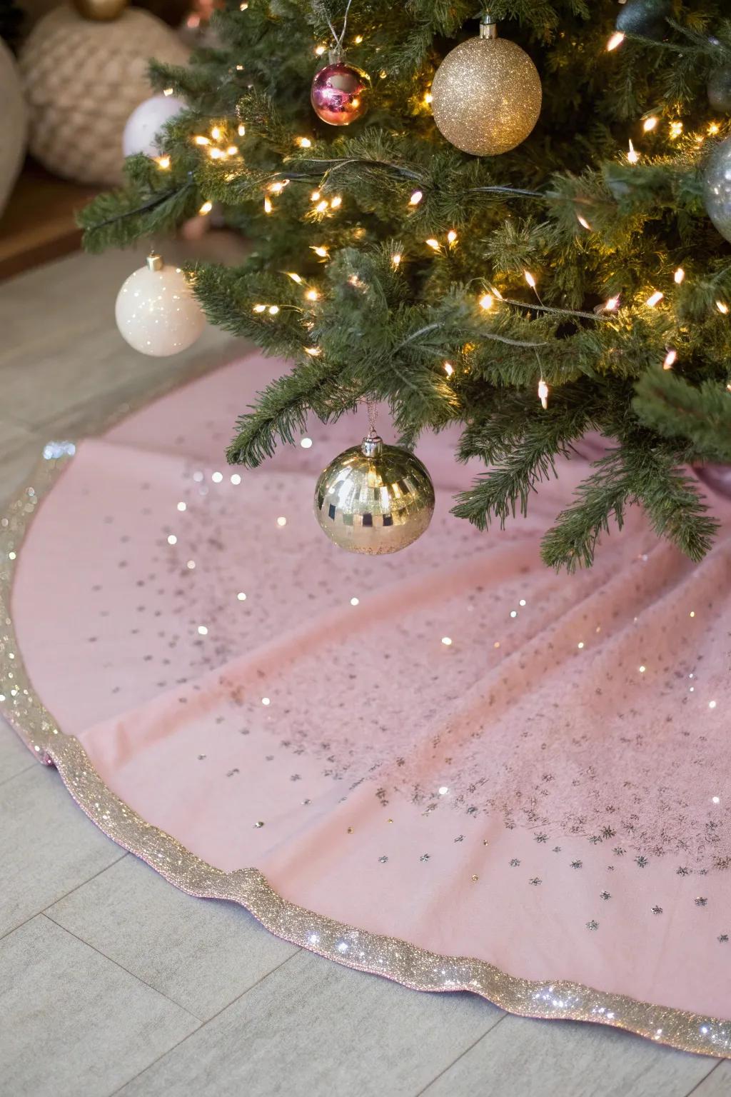 A pink tree skirt adds style and luxury to your Christmas tree.