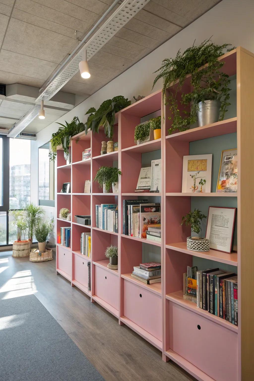 Pink shelving units combine storage with style.