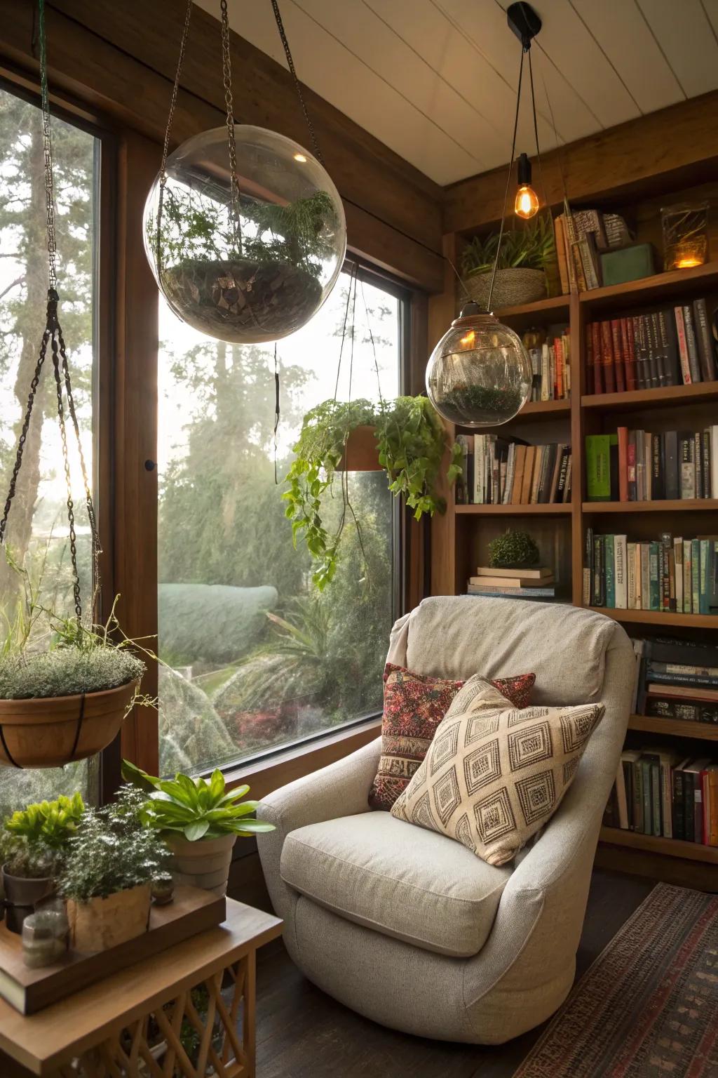 Whimsical charm with floating terrarium gardens.