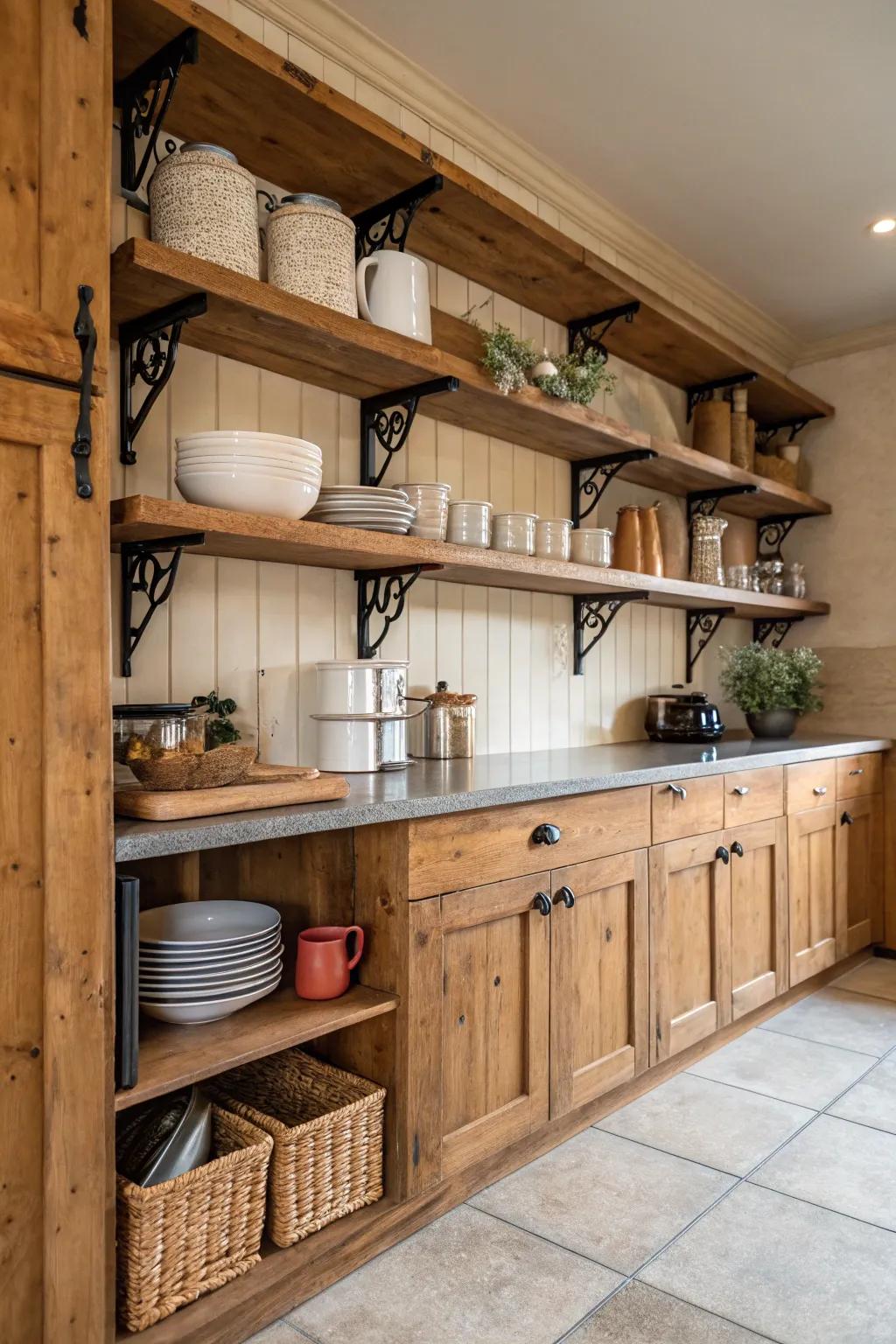 Decorative brackets add elegance to shelving.