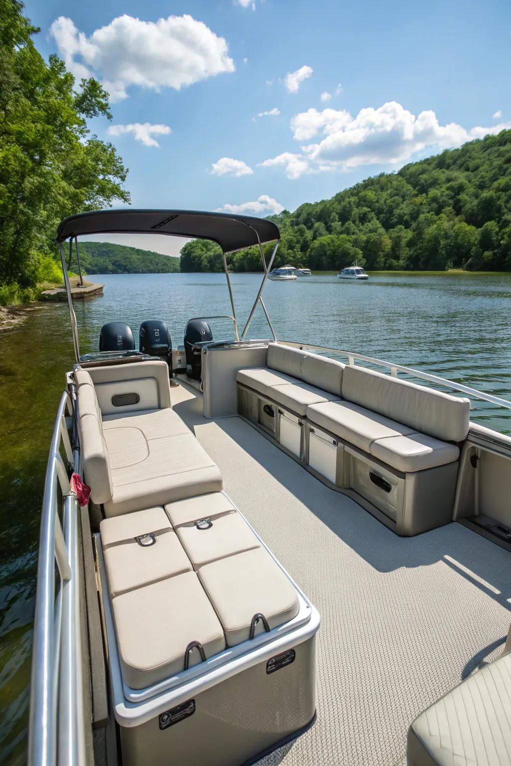 Storage benches offer seating and organization for pontoon essentials.