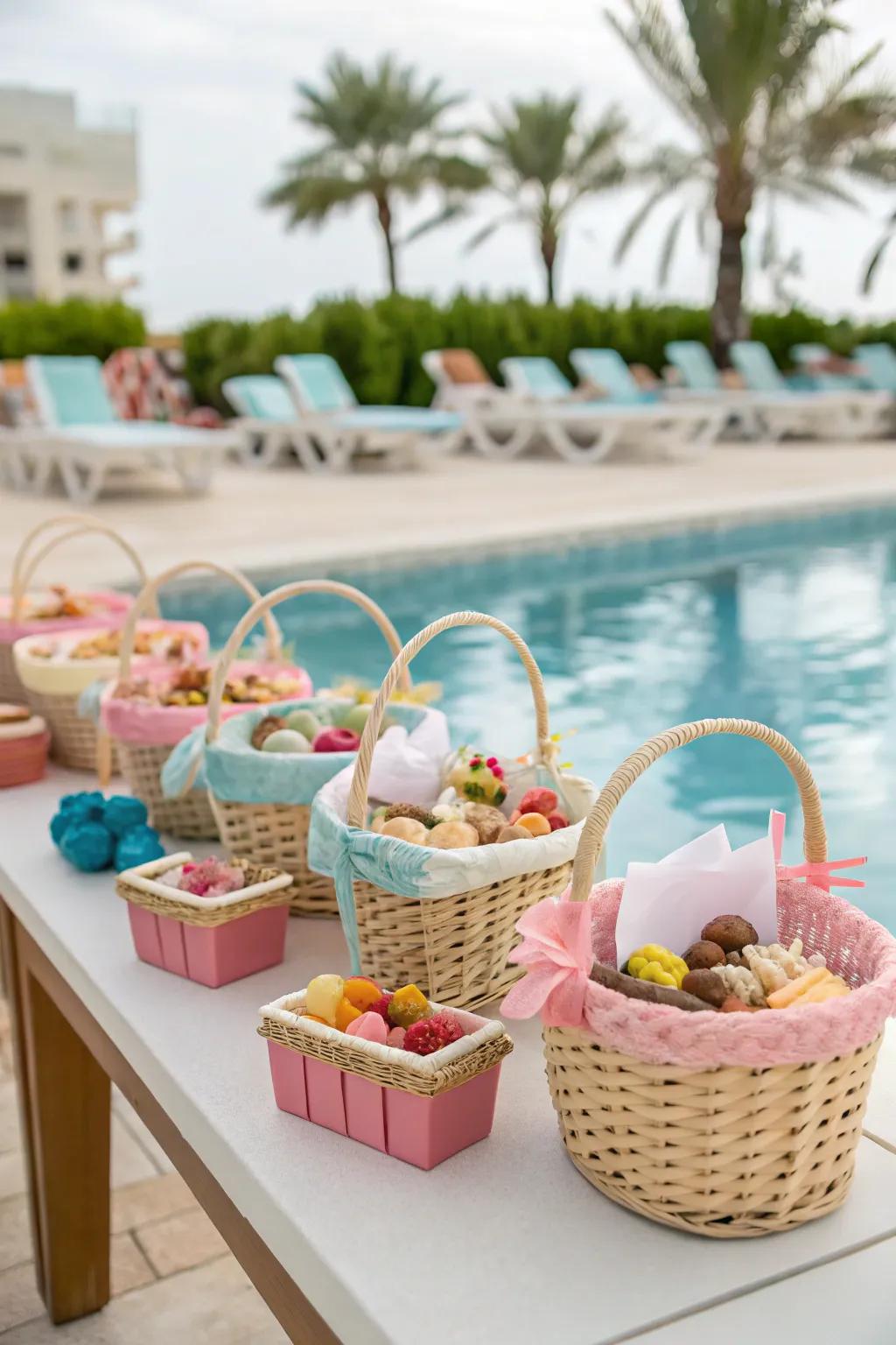 Mini picnic baskets offer a charming and practical favor.