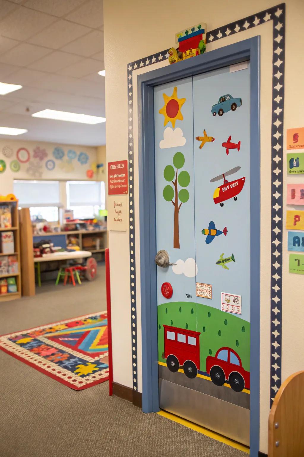 A transportation-themed door takes kids on a journey of learning.